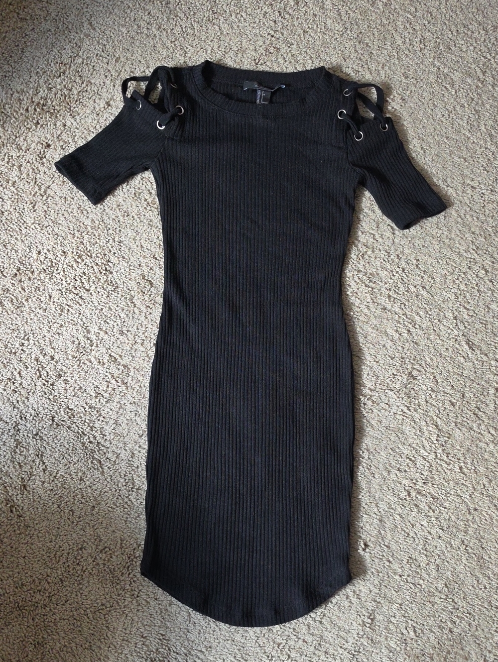 Forever 21 Black Ribbed Cold-Shoulder Midi Dress with Grommet Lace-Up